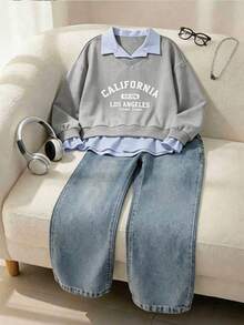 SHEIN 2pcs/Set Girls' Casual Striped Patchwork Lapel Fresh Commuting Style Denim Pants Outfit, Suitable For Outdoor And Daily Wear - Grey - View 3