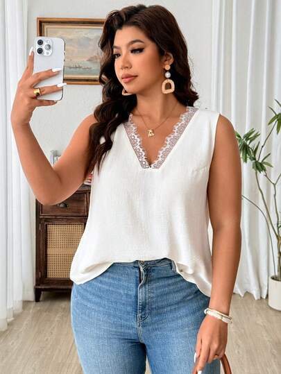 Weeklong Camiseta sin mangas de unicolor albaricoque con volantes, informal, cómoda y versátil para vacaciones, talla grande para mujer