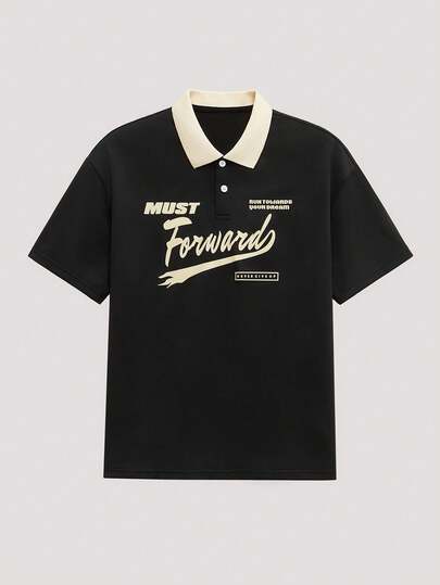 Open Phase Men's Oversized Slogan Graphic Contrast Collar Drop Shoulder Polo Shirt , Retro American, Unisex, Relaxed Fit Summer Outfits – Suitable For Everyday Wear And Summer Holiday Outfits.