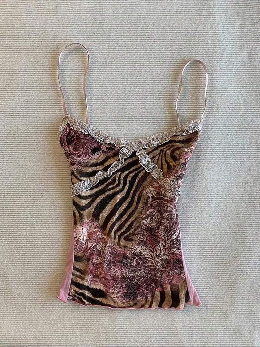 Glimmora Áo camisole nữ phối ren tương phản họa tiết da báo, kiểu dáng thường ngày. - Nhiều màu - Xem 1