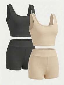 SHEIN Girlism 少女修身休闲圆领背心和骑行短裤多件套 - 深灰色 - 查看 15