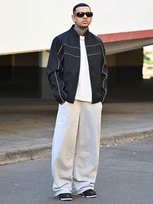 Devon Thys 男士休闲时尚百搭长袖短款夹克，Techwear Y2k 短款拉链跑道风衣夹克，秋季，垃圾摇滚 - 黑色 - 查看 1