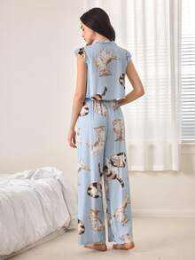 Ocili 2pcs Comfortable Soft Minimalist Drawstring Pants, Women Pajama Set - Blue - View 3