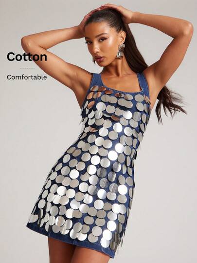NYA SZN Đầm ngắn không tay đính sequin và kim sa