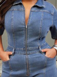NYA SZN Denim Plus Short Sleeve Jumpsuit,Cotton Dusky Blue Summer Casual Everyday Fitted Contrast Stitch Teacher Concert Festival Business Elegant Luxury - Medium Wash - View 4