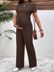 SHEIN Maternity Solid Color Short Sleeve Comfortable Breathable 2 Pieces Set, Summer - Coffee Brown - View 4