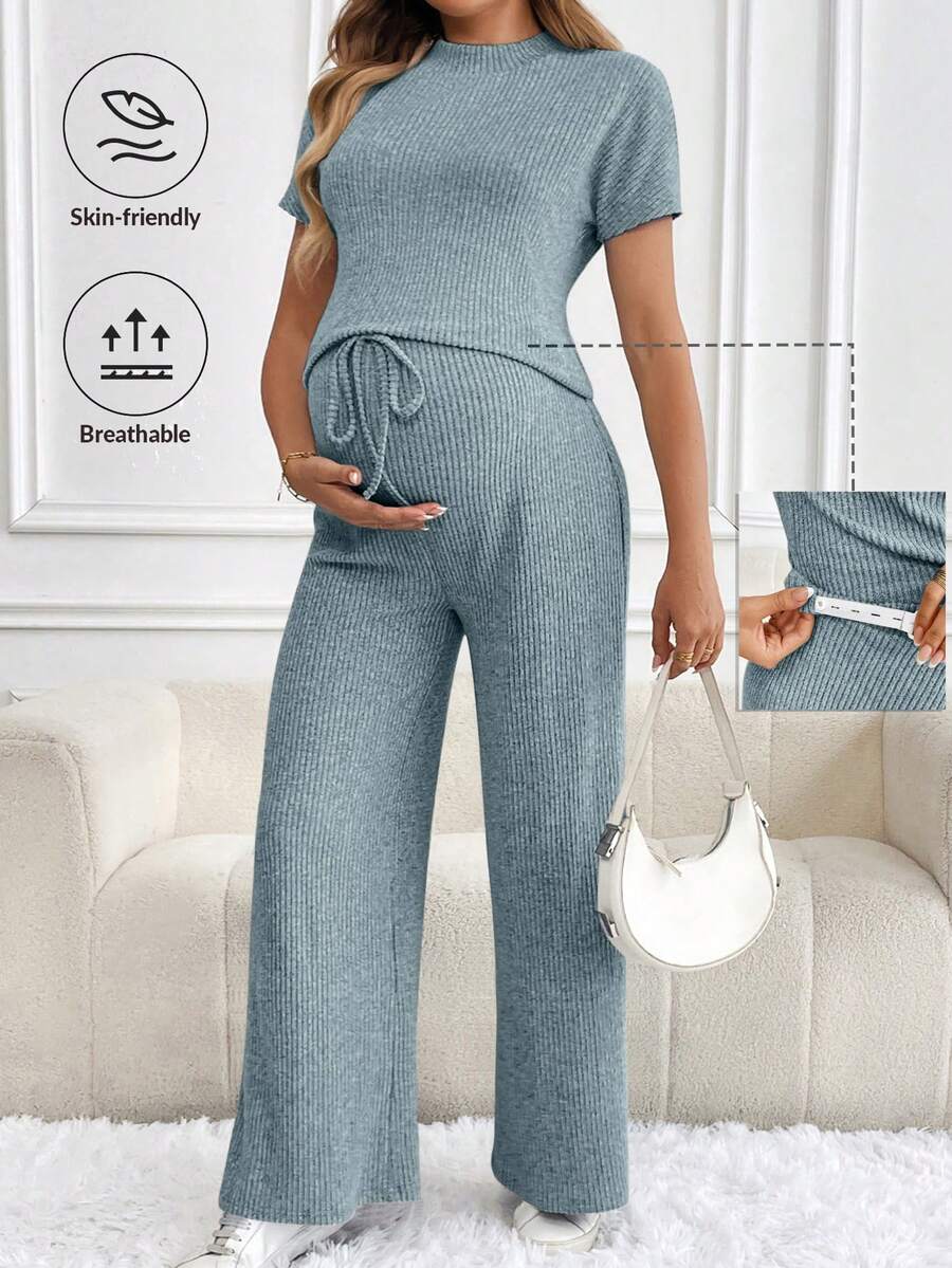 SHEIN Atasan Lengan Pendek Warna Polos dan Celana Panjang Lebar dengan Pinggang yang Dapat Diatur, Pakaian Kasual Sehari-hari untuk Ibu Hamil - Biru - View 1
