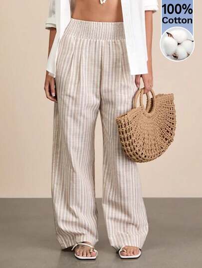 Siren Gaze Relaxed Vacation Style Beige And White Striped Linen Wide Leg Pants, Women's Casual Summer Trousers, Cotton Striped Pants, Khaki