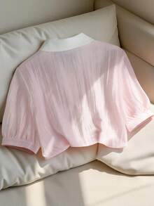 Resyla 女士春夏新款粉白纹理面料宽松衬衫，金属纽扣装饰，适合外出、度假、下午茶、日常穿着、约会、派对等场合。 - 彩色 - 查看 2