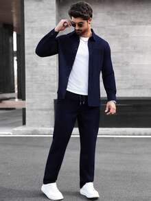 Manfinity CasualCool Men's Long Sleeve Shirt Collar Button-Up Shirt And Pants Set, Autumn/Winter - Navy Blue - View 6