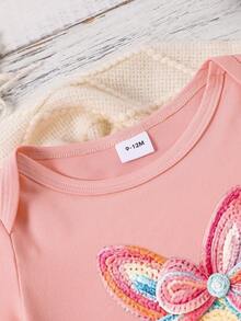 Baby Girl Casual Cute Faux Knit Rabbit Bow Print Bodysuit, Pink Round Neck Suitable For Spring/Summer - Pink - View 4