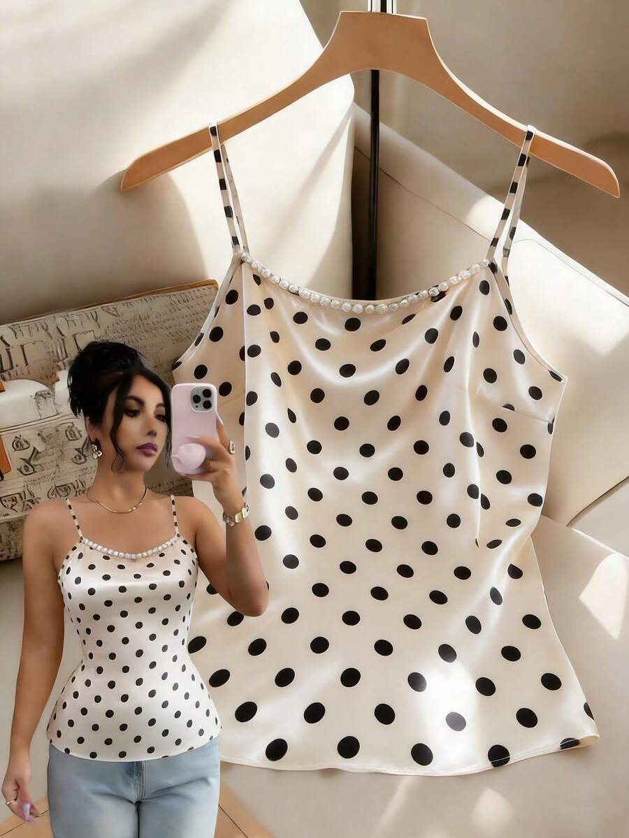 Franclia Damen elegantes Camisole mit Polka Dot Muster und Kunstperlen Dekor für den Sommer - Aprikosenfarben - Übersicht 1