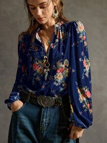 SoleilVie 女士V领碎花黑色丝绒衬衫 女士上衣和衬衫 波西米亚风女装 波西米亚风女装 波西米亚风女装 女士西部风女装 - 藍色 - 查看 3