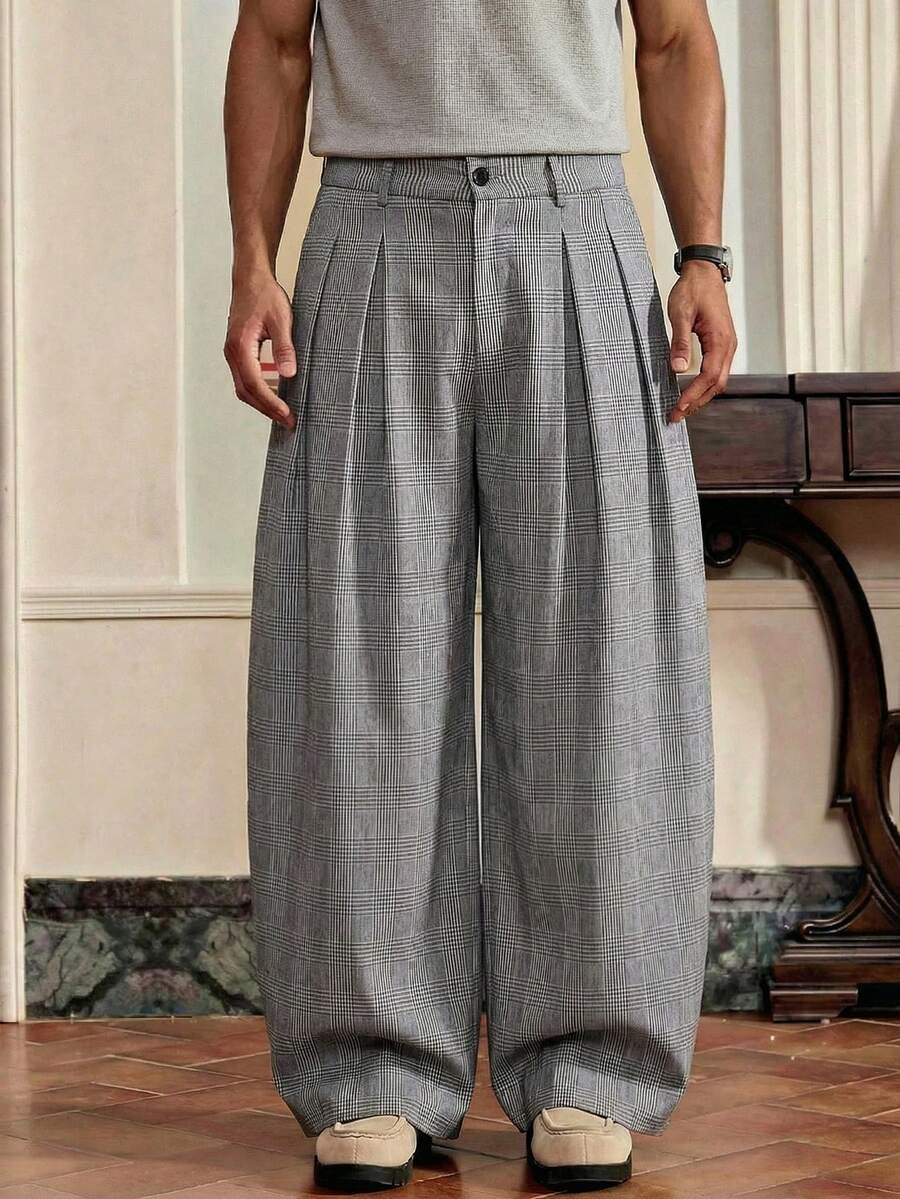 SWAVVY 男士褶裥纽扣休闲百搭宽松裤，适合日常穿着 - 灰色 - 查看 1