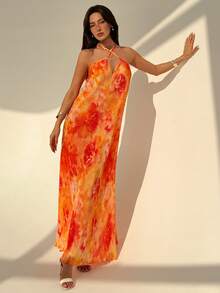 Aloruh 新款春夏露背吊带褶皱印花连衣裙，优雅性感度假风，适合婚礼宾客、海滩度假等场合，橙色印花连衣裙，黄色印花连衣裙，女士夏季连衣裙，女士夏季沙滩连衣裙，女士夏季穿搭 - 橘色 - 查看 8