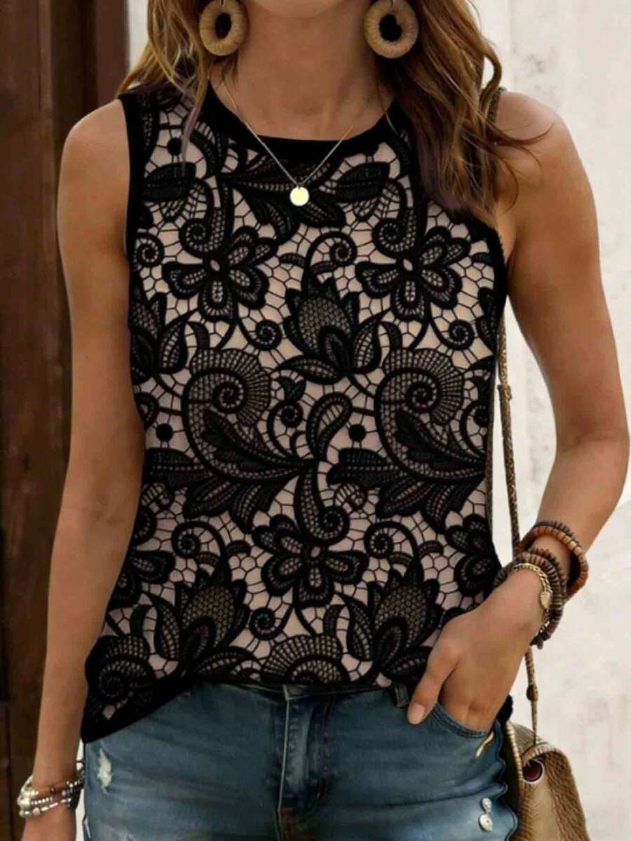 EMERY ROSE Women's Round Neck Sleeveless Fashionable Lace Sexy Camisole - Black - View 1