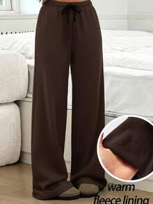 SHEIN Tween Girls' Casual & Homewear Basic Minimalist Thermal Lined Ribbed Knit Loose Wide Leg Straight Pants, Autumn/Winter - Coffee Brown - View 1