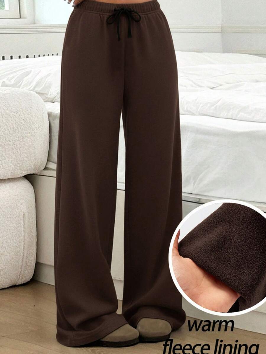 SHEIN Tween Girls' Casual & Homewear Basic Minimalist Thermal Lined Ribbed Knit Loose Wide Leg Straight Pants, Autumn/Winter - Coffee Brown - View 1