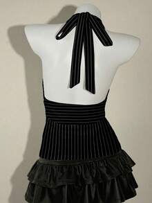 SHEIN ICON 女士休闲修身吊带背心，挂脖式吊带衫，条纹印花，娃娃裙摆，露背设计，夏季女士服装 - 彩色 - 查看 2