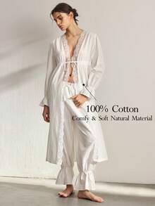 Ocili Women's Contrast Lace Flare Sleeve Robe And Long Pants Elegant Pajama Set - White - View 1