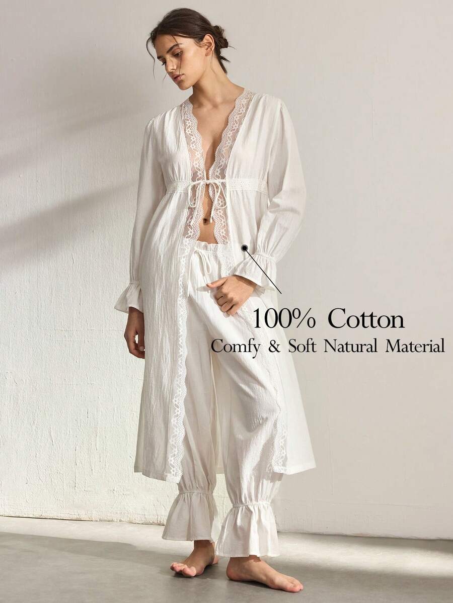 Ocili Women's Contrast Lace Flare Sleeve Robe And Long Pants Elegant Pajama Set - White - View 1