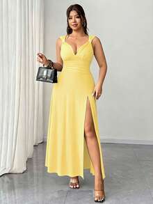 SHEIN Elenzya 2025 New Arrival Plus Size Women's Solid Color Twist V-Neck High Slit Stretchy Knit Party Dress, Versatile & Fashionable Design - Yellow - View 6