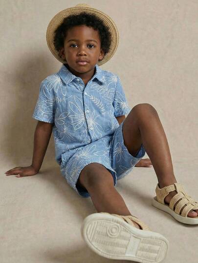 PrepCrw 2pcs Young Boys Elegant City Casual Blue Leaf Print Polo Collar Short Sleeve Shirt And Shorts Set, Suitable For Leisure, Daily, Travel, Party, Holiday, Spring & Summer