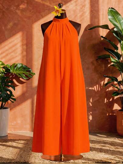 SHEIN CURVE+ Curve Size US22Music Festival, Seaside Vacation, Bohemia Halter Neck Solid Color Jumpsuit, Suitable For Beach & Vacation