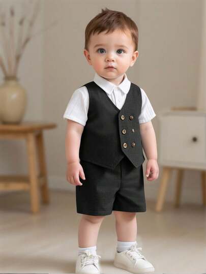 2pcs/Set Baby Boy/Girl Summer Casual Korean Style Cute Gray Double-Breasted Vest And Shorts Set, Suitable For Birthday Party, Evening Party, Performance, Wedding, Full Moon Celebration, Baptism And 1st Birthday Party, Baby Shower