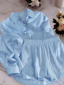 Franclia Plus Size Seattle Coast Casual Blue Button-Front Long Sleeve Top And Shorts Set, Versatile For Daily Wear And Commute Fall - Blue - View 6
