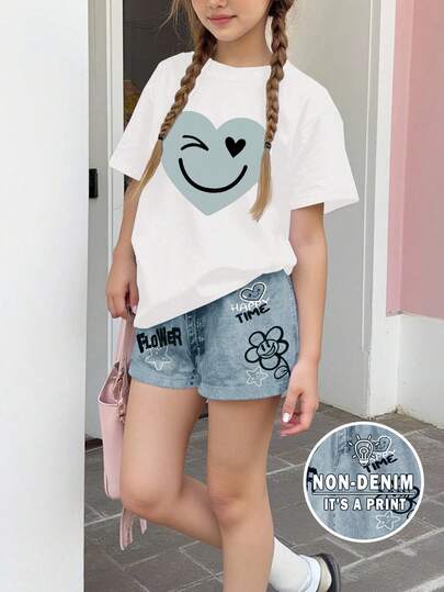 休闲街头风爱心涂鸦印花少女简约短袖短裤两件套，适合夏季穿着