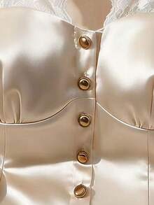 GlowEve Satin Fabric V-Neck Sleeveless Pleated Chest Shirt With Front Button Closure, Elegant Romantic Luxurious Refined Office Wear Blouse For Women, White Summer Top - Apricot - View 6