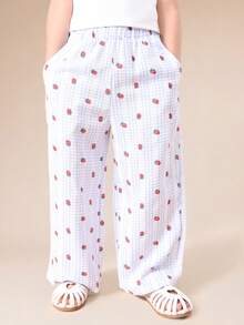 Girls Strawberry Print Set Short Sleeve Tee And Wide Leg Palazzo Pants Summer   Coord Outfit - White - View 4