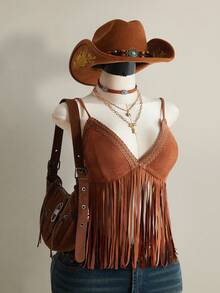 SHEIN ICON 大码流苏V领吊带背心，音乐节穿搭 - 棕色 - 查看 7