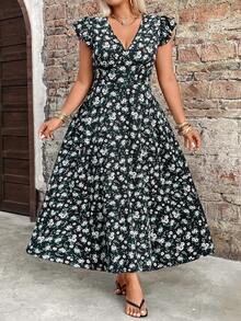 Breezaya Plus Size Women's Summer Romantic Floral V-Neck Dress, Elastic Waist Ruffle Hem Maxi Dress, Suitable For Beach Vacation And Travel Women's Summer Dresses Women's Floral Dress Women Casual Dresses Women Holiday Dress Women's Spring Dress - Navy Blue - View 7