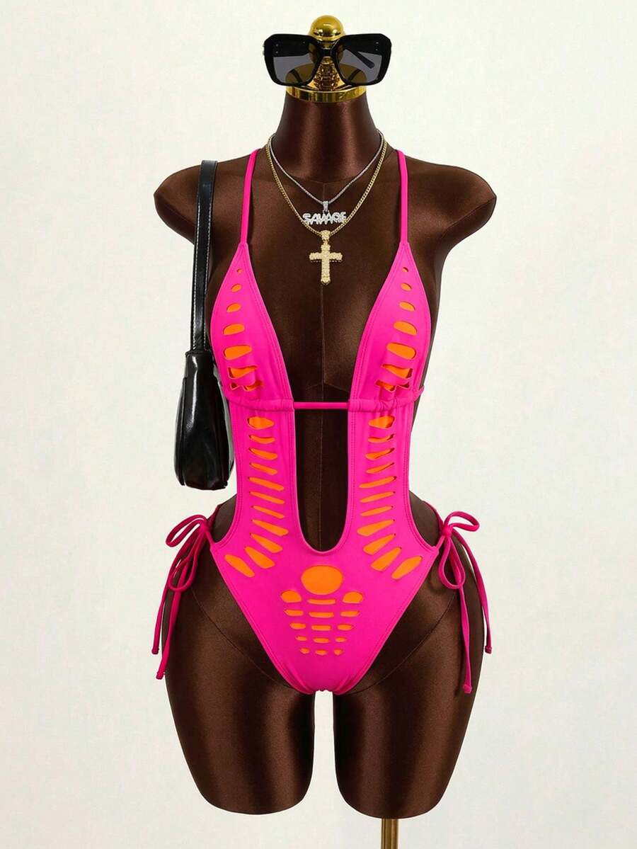 Zestiva Áo tắm liền thân hở lưng khoét rỗng màu neon gợi cảm dành cho nữ, phong cách Bohemian, thích hợp cho tiệc tùng, câu lạc bộ biển. - Màu Hồng Tươi - Xem 1