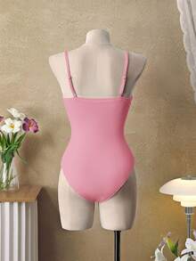 Swim Mod Áo tắm liền thân nữ lãng mạn, thích hợp cho buổi trà chiều, màu hồng nhạt tươi mát, chất liệu cacao, có nơ điều chỉnh được. - Hồng - Xem 4