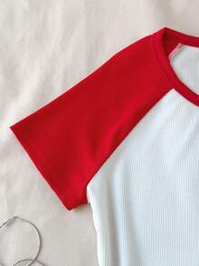 SHEIN Tween Girl Casual Minimalist Comfortable Crew Neck Patchwork Contrast Color Star Pattern T-Shirt Tween Girl - Red and White - View 7