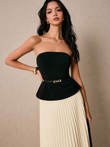 Poéselle 女士修身黑色抹胸上衣和米色百褶裙优雅两件套 - 杏色 - 查看 4