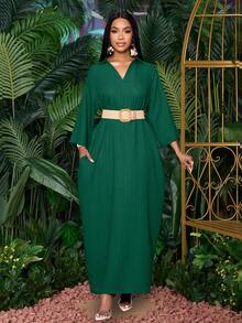 SOLERSUN 女士时尚V领宽松蝙蝠袖无腰带连衣裙，适合假日穿着，女士长款套装 - 墨綠色 - 查看 8