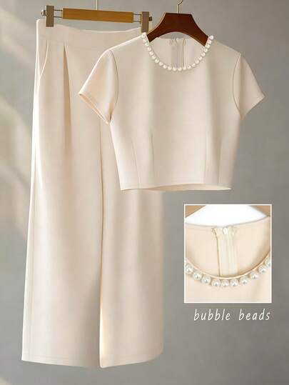 Franclia 女士纯色仿珍珠装饰圆领短袖上衣和裤子优雅两件套