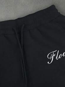 Manfinity EMRG Men's Letter & Floral Pattern Drawstring Waist Wide Leg Sweatpants - Black - View 6