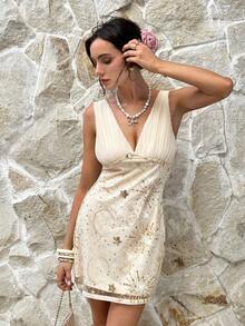 Serisse Đầm không tay thanh lịch cổ chữ V sâu hở lưng đính sequin dành cho nữ - Màu be - Xem 6