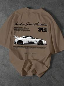 Men's Casual Short Sleeve Crew Neck T-Shirt With Racing Street Slogan Print - Brown - View 3