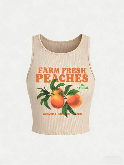 Olithes Plus Size Letter & Fruit Print Round Neck Casual Tank Top, Summer