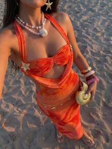 Aloruh 女士春夏新款超长连衣裙，橙色印花，两穿式摆裙，优雅性感，饰以奢华3D立体花卉图案，女士度假/沙滩装 - 橘色 - 查看 2