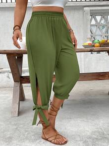 SHEIN CURVE+ Pantalones Capri de Talla Grande con Cintura Alta y Cordón, Primavera/Verano - Verde - Ver 4