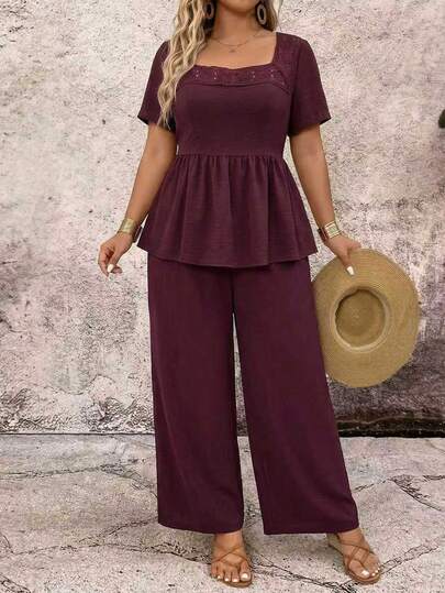 Breezaya Plus Size 2 Pieces Set, Square Neck Ruffle Blouse And Casual Straight Wide Leg Pants, Linen-Like Fabric, Retro Minimalist, Countryside Casual
