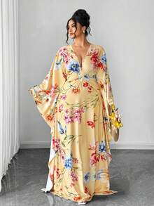 Elenzga Đầm dài tay dệt kim co giãn cao cấp màu vàng nền in họa tiết hoa lớn, dáng rộng, dành cho nữ cỡ lớn, đầm hoa cỡ lớn, áo kaftan cho nữ, đầm hè cho nữ, đầm quấn cho phụ nữ - Màu vàng - Xem 5