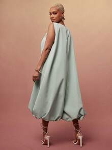 Vixey Bộ áo liền quần không tay cổ tròn dáng phồng, chất liệu dệt trơn - màu xanh lá - Xem 2